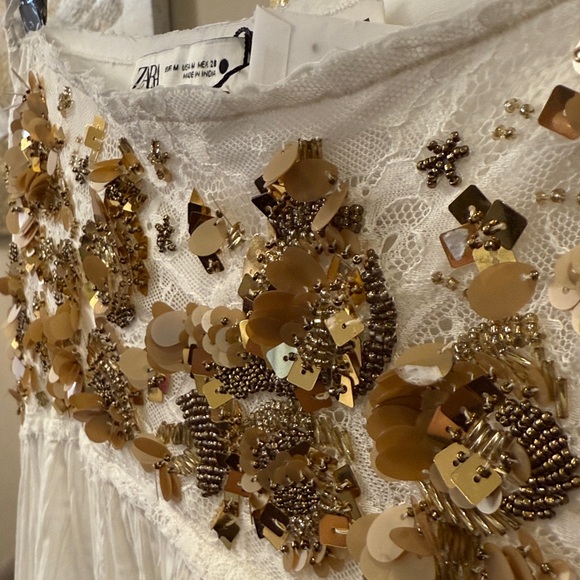 NWT Zara | White Gold Midi A-Line Skirt beaded bead lace - Picture 16 of 16